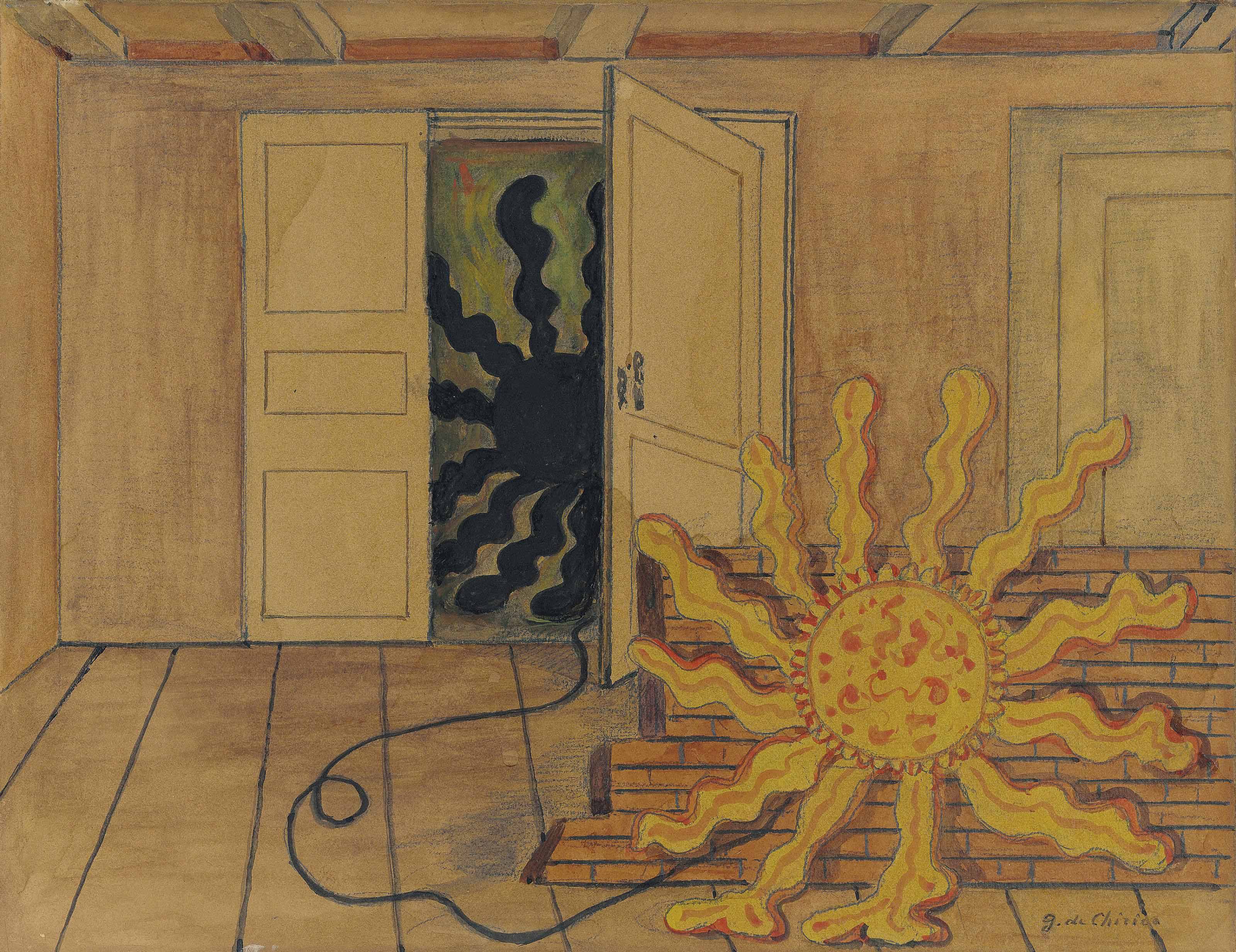 drawing of a yellow sun tied to a black version of itself in a closet